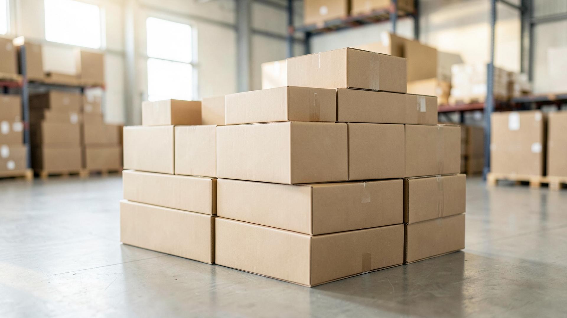Stacks of kraft cardboard boxes in the J.F.A. Ball warehouse